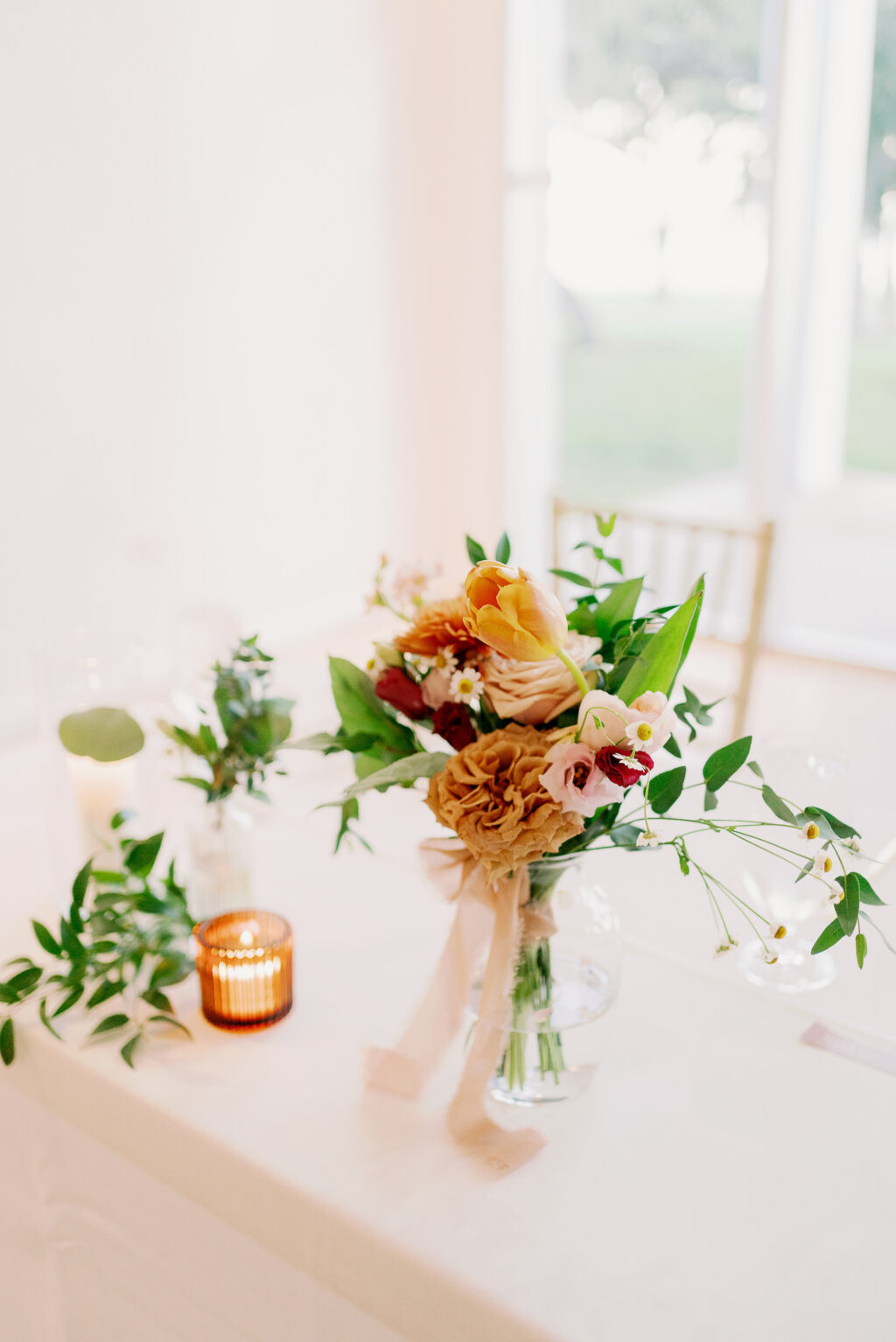 Orange Garden Rose, Tulips, Asters, and Greenery Reusable Bouquet Wedding Reception Table Decor Ideas