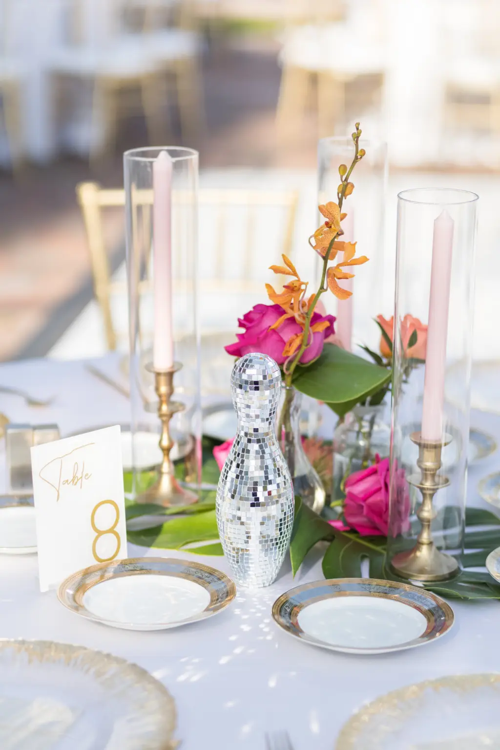 Tablescape Decor for Tropical Bright and Vibrant Wedding Reception with Disco Ball Centerpiece Ideas