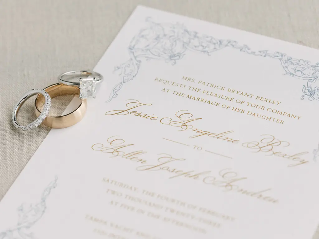 Classic Blue and Gold Classic Wedding Invitation Ideas | Emerald Cut Engagement Ring with Infinity Wedding Band Inspiration | Groom's Gold Wedding Band
