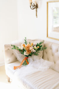 Neutral Orange Tulips, Pink and White Garden Roses with Greenery Fall Wedding Bouquet with Cheesecloth Ribbon Ideas