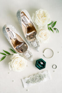 Silver Embellished Pointed Badgley Mischka Wedding Shoe | Hunter Green Velvet Ring Box Ideas