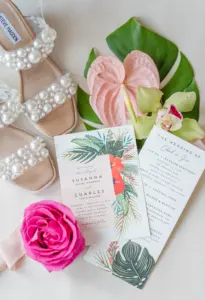 Elegant Tropical Wedding Invitation Inspiration with White Pearl Open Toe Shoes Flat Steve Madden Sandals