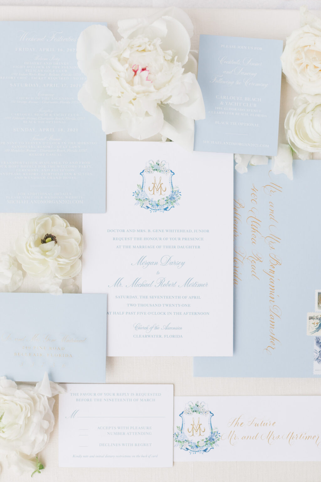 Cobalt and Light Blue and Green Wedding Invitation Suite Ideas | Custom Bride and Groom Monogram Logo Inspiration