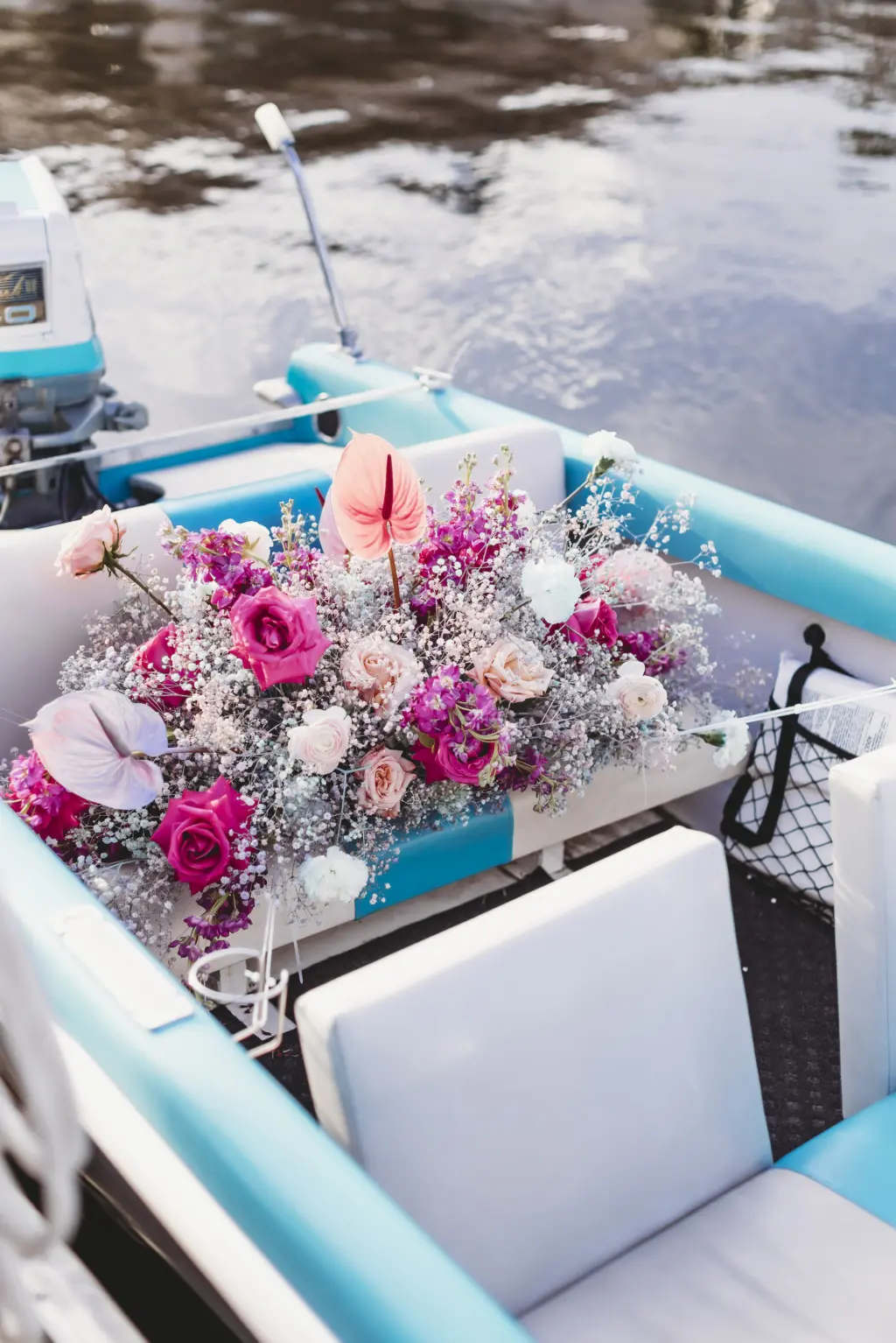 Retro Blue Boat Elopement Wedding with Bright Pink Florals and Baby's Breath Wedding Decor Inspiration | Tampa Wedding Planner Wilder Mind Events