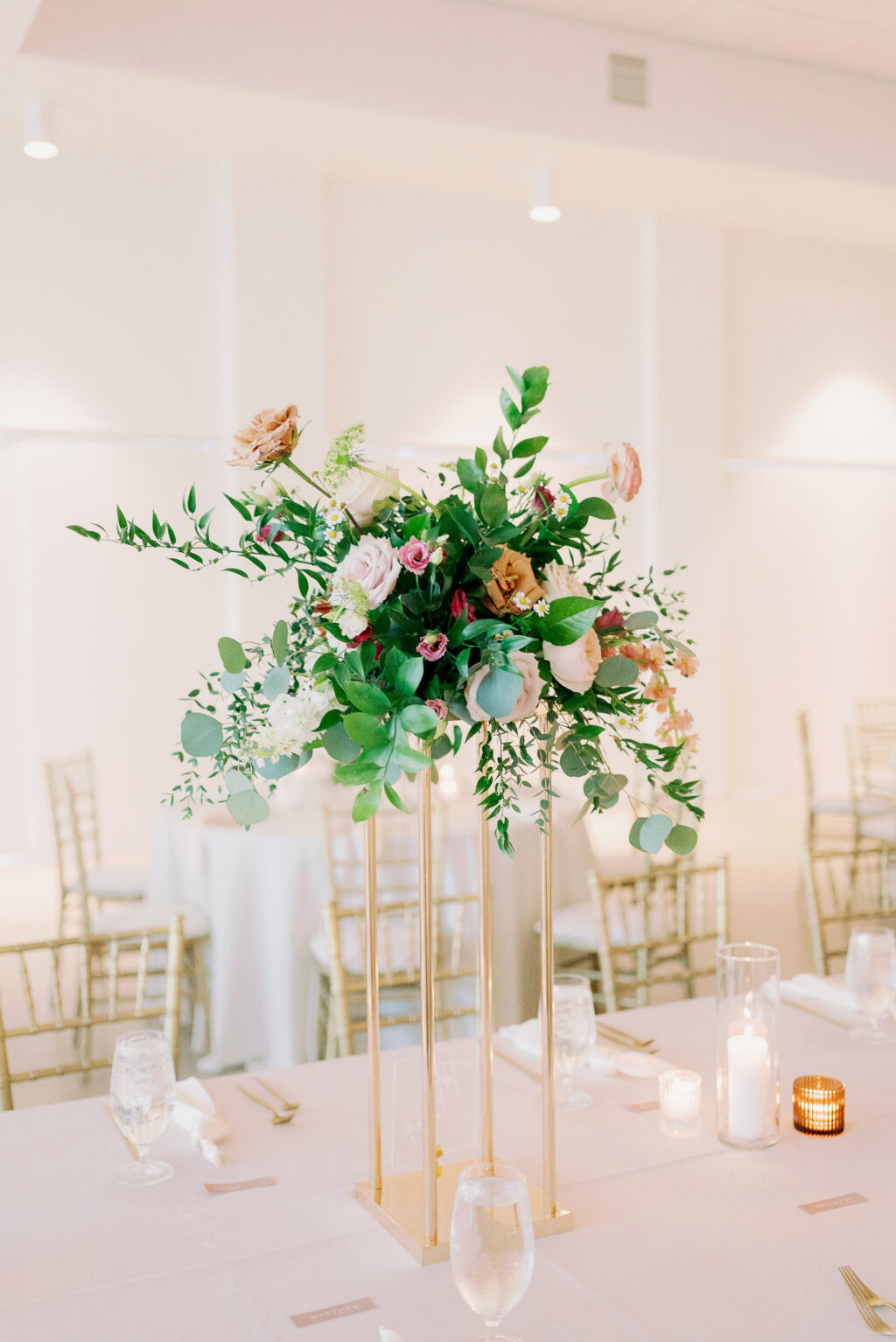 Tall Gold Flower Stand with Greenery and Roses Garden Wedding Reception Centerpiece Inspiration