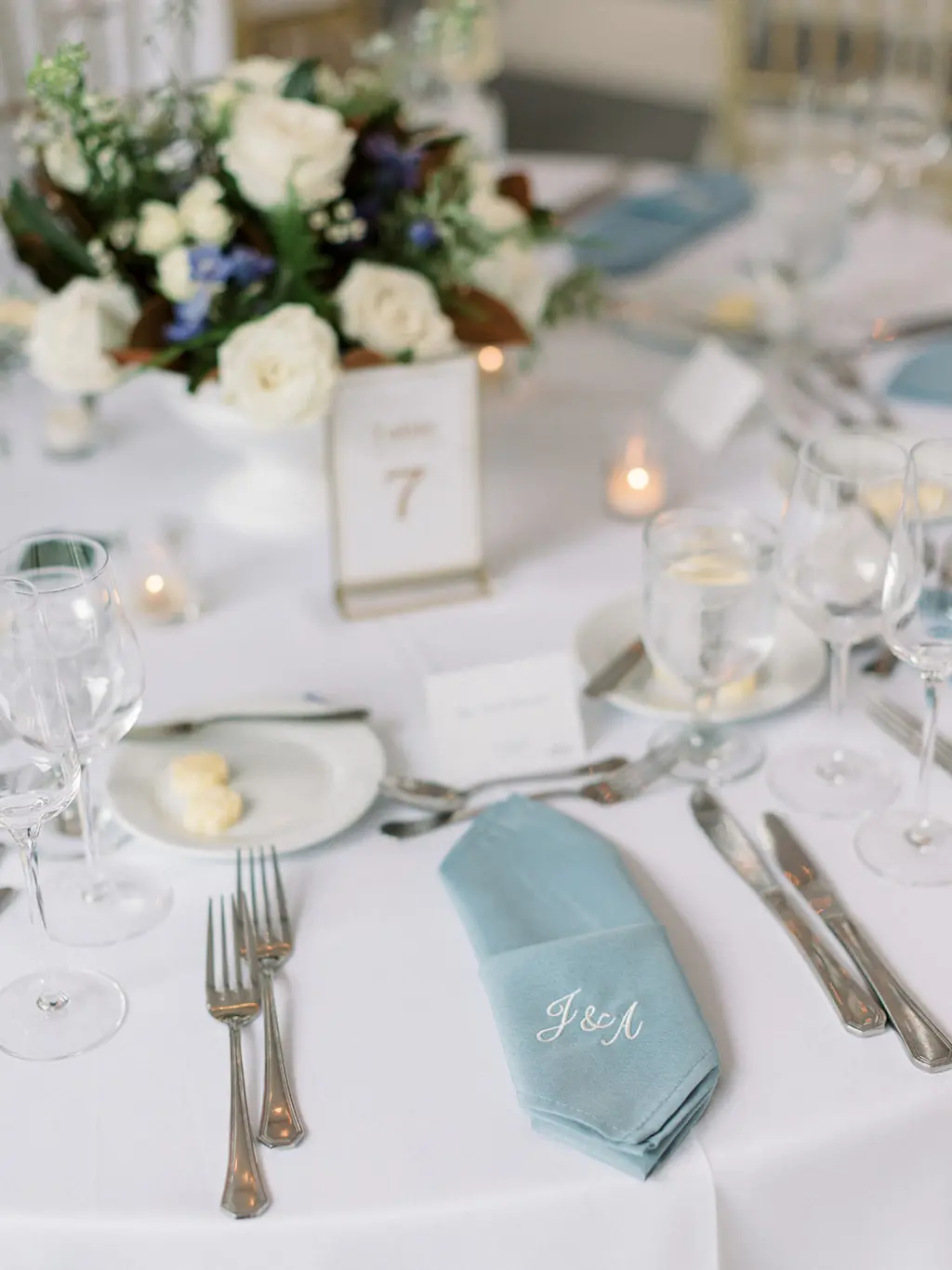 Blue Custom Embroidered Monogrammed Napkins | Classic Blue and White Wedding Reception Ideas