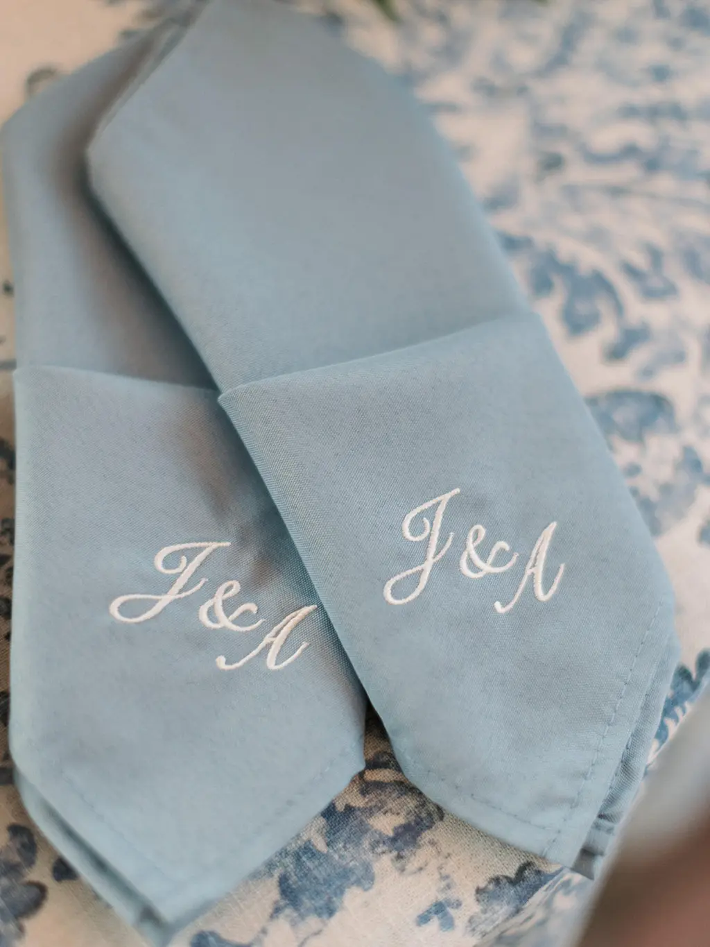 Classic Blue Custom Embroidered Monogrammed Napkins | Classic Blue and White Wedding Reception Linen Ideas