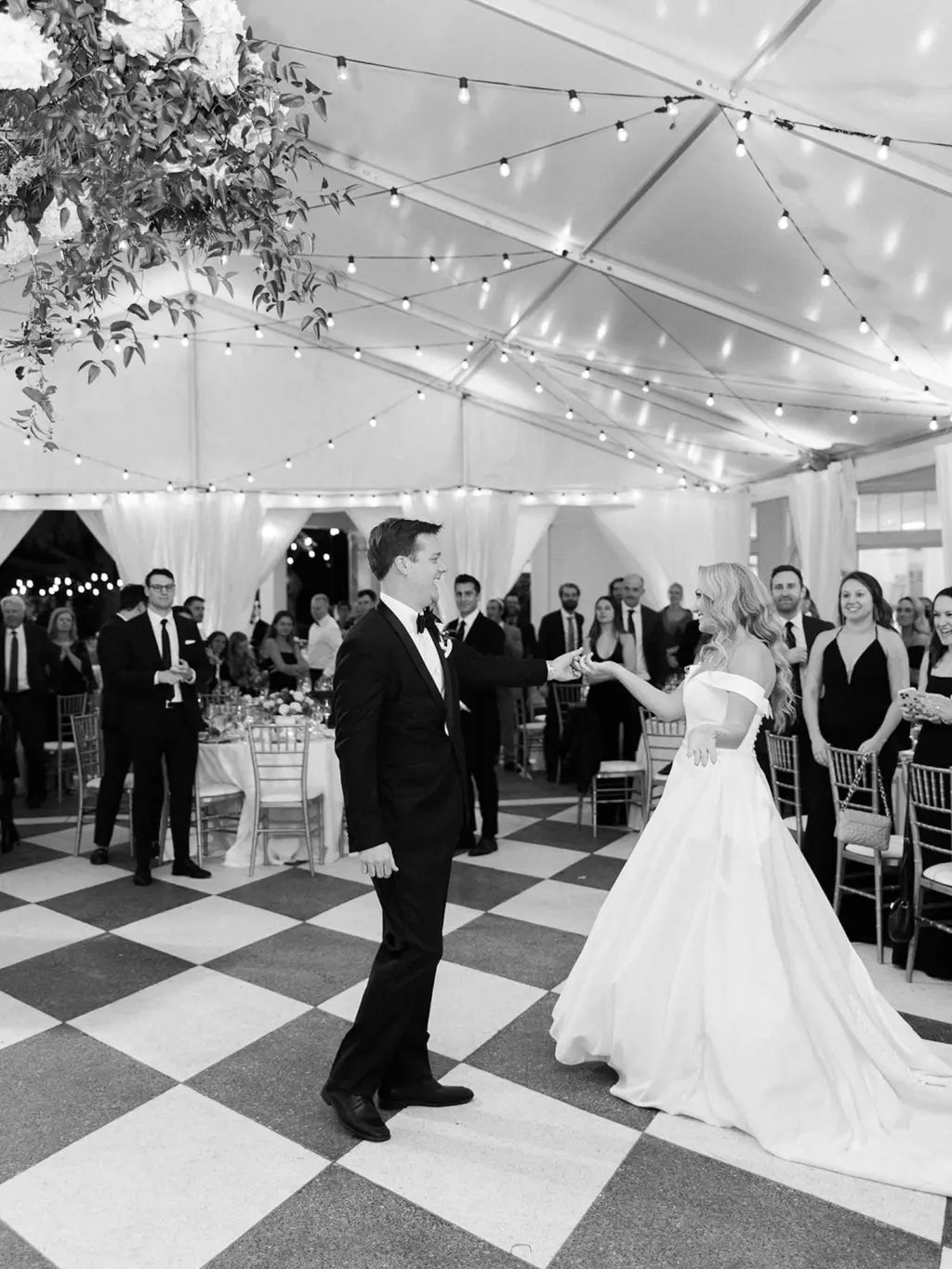 Bride and Groom First Dance Wedding Portrait | Black and White Checkered Dance Floor Inspiration
