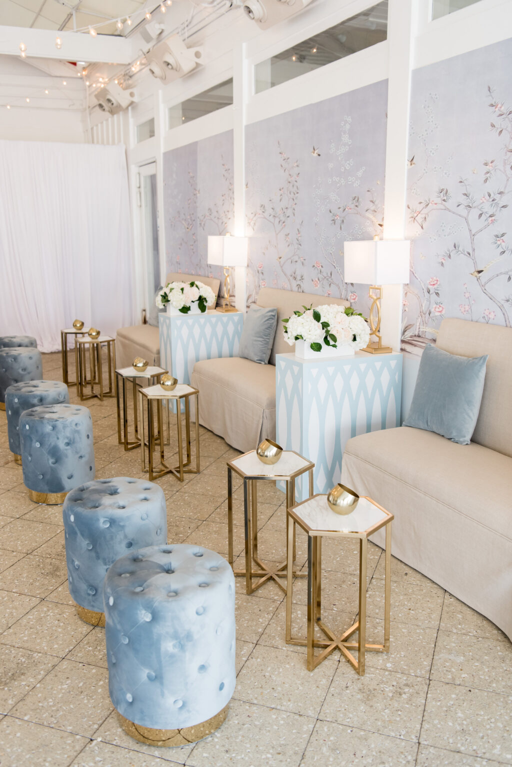 Cocktail Hour Wedding Reception Inspiration | Light Blue Velvet Tufted Ottoman | Geometric Gold Drink Tables | Tampa Bay Rentals A Chair Affair