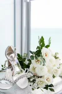 Silver Crystal Wedding Badgley Mischka Shoe for Beach Wedding | Bridal Bouquet with White Flowers Inspiration