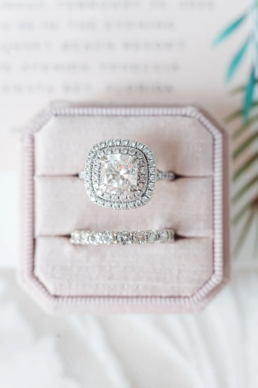 Diamond Engagement Ring with Double Halo Silver Band | Diamond Wedding Band in Pink Velvet Box
