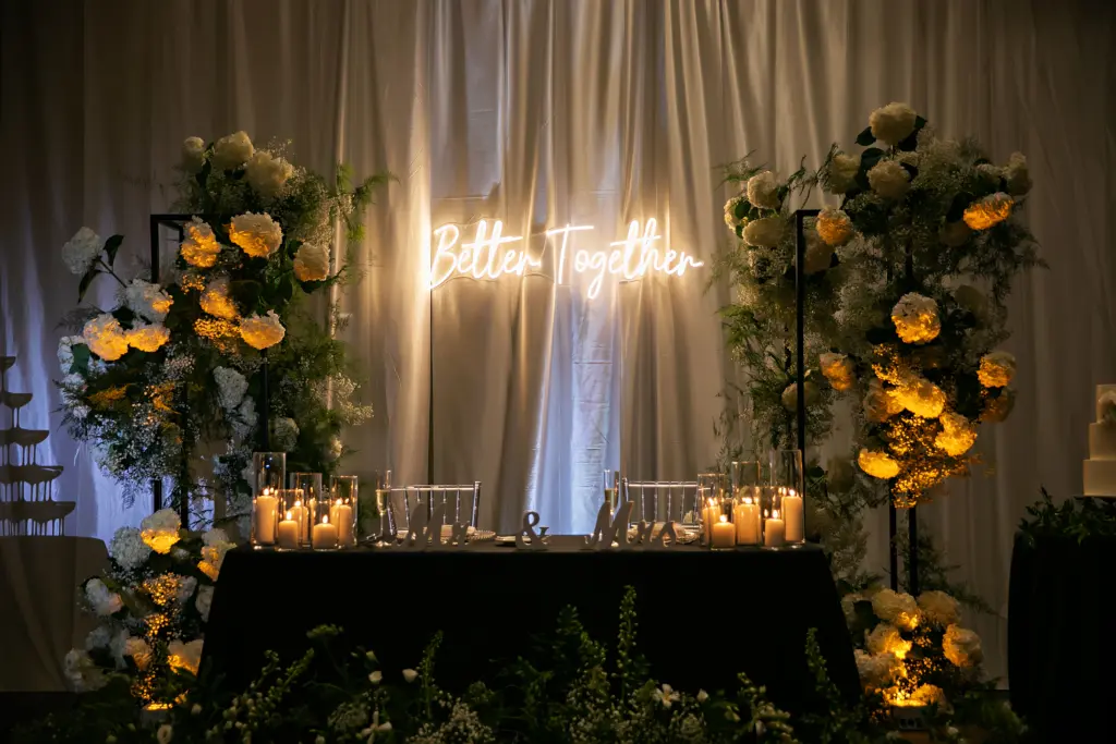 Better Together Neon Sign Ideas | Black and White Wedding Reception Sweetheart Table Inspiration