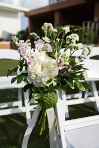 Classic Elegant Pink Stock Flowers, White Carnations, and Greenery Chair and Wedding Ceremony Aisle Decor Inspiration