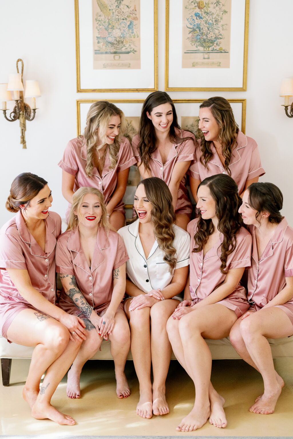 Bride and Bridesmaids Getting Ready | Pink Satin Wedding Pajamas Ideas