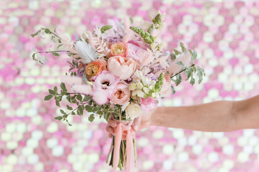 Pink and Orange Garden Roses with Greenery Wedding Bouquet Ideas | Sarasota Florist Save the Date Florida