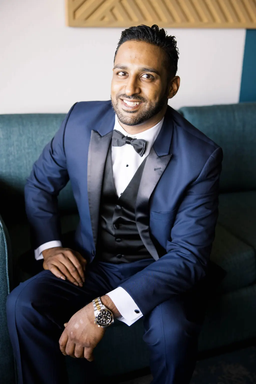 Groom's Navy Wedding Tuxedo with Black Lapels | Three Piece Suit with Bowtie Inspiration