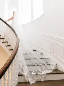 Bride Walking Up The Stairs Wedding Portrait | Cathedral Length Veil Ideas