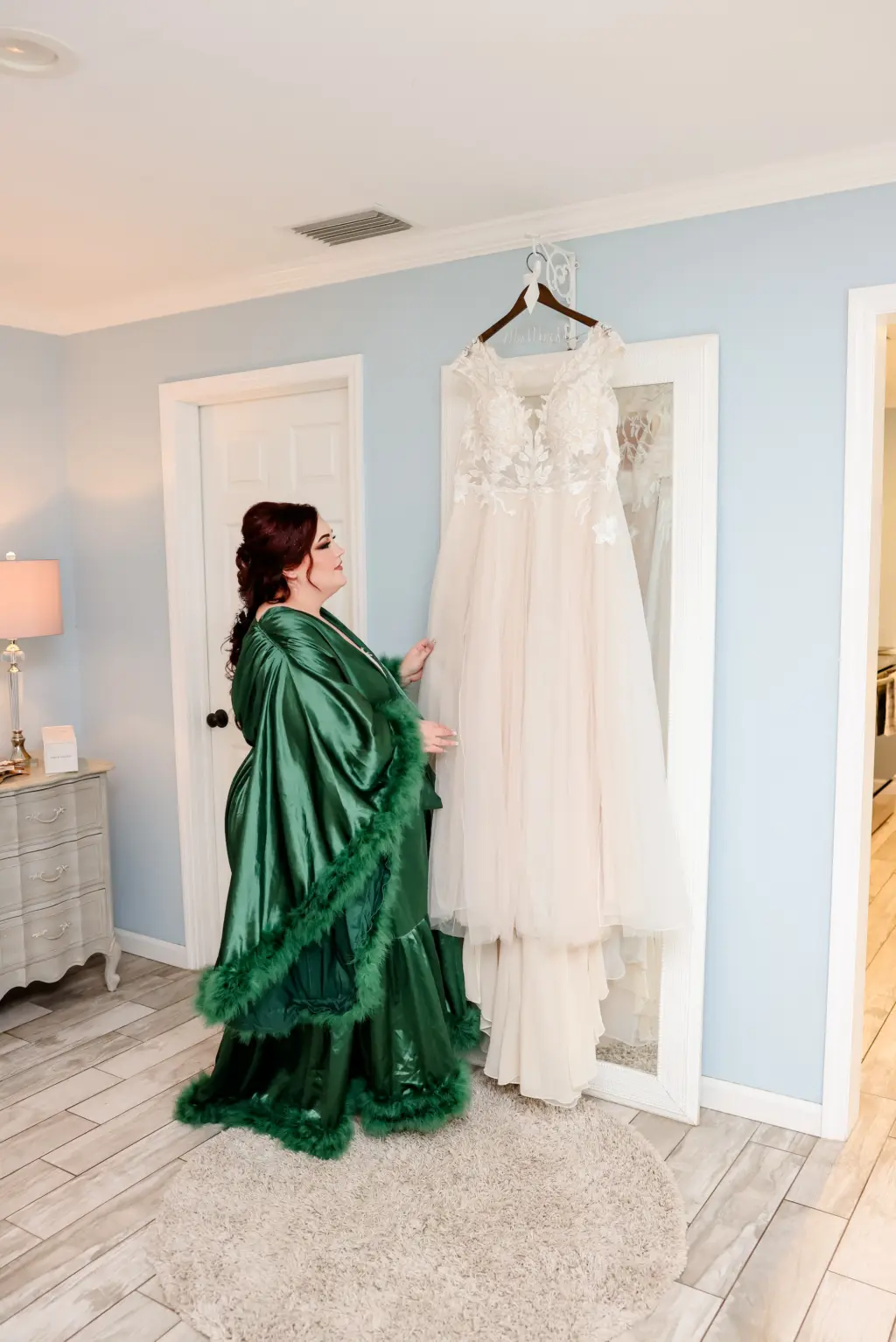 Bride Getting Ready | Nude Sheer Bodice A-line Wedding Dress Ideas | Emerald Green Floor Length Satin and Feather Floor Length Robe | Tampa Bay Hair and Makeup Artist Femme Akoi Beauty Studio