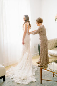Bride and Mother Getting Ready Wedding Portrait | Champagne Mother of the Bride Dress Inspiration