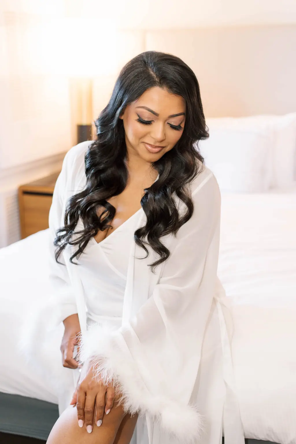 Bride Glam Wedding Hair and Makeup Inspiration | White Fuzzy Trim Satin Wedding Robe Ideas