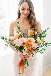 Orange Tulips, Asters, Pink and White Garden Roses with Greenery Fall Wedding Bouquet with Cheesecloth Ribbon Ideas