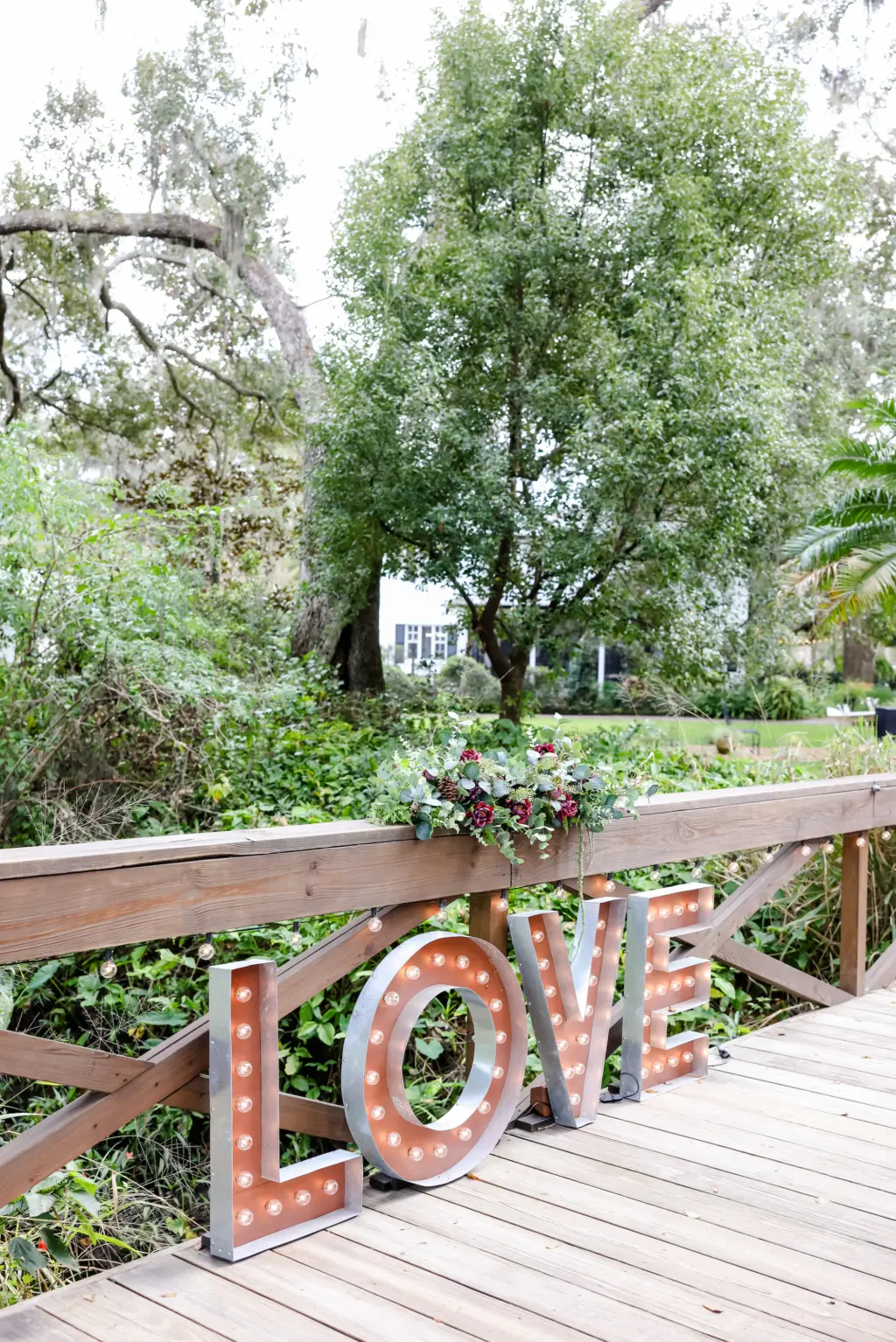 Wooden Bridge Light-up Love Letters for Wedding Ceremony Inspiration | Tampa Wedding Venue Cross Creek Ranch