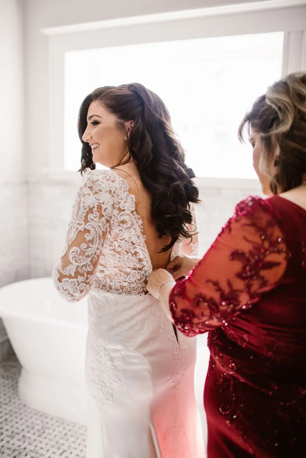 Bride Getting Ready | Long-sleeve Lace Wedding Dress with Open Back