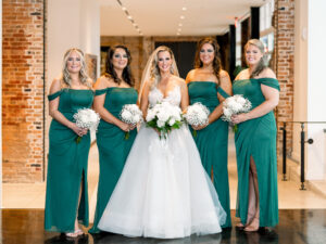Hunter Green Off-the-shoulder Floor Length Bridesmaid Dresses with White Roses and Baby's Breath Wedding Bouquets