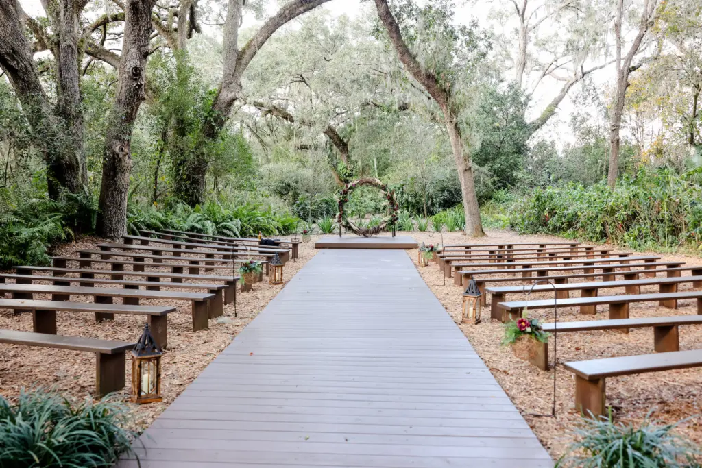 Round Arch for Wedding Ceremony | Bench Seating | The Enchanted Forest at Cross Creek Ranch | Tampa Bay Venue