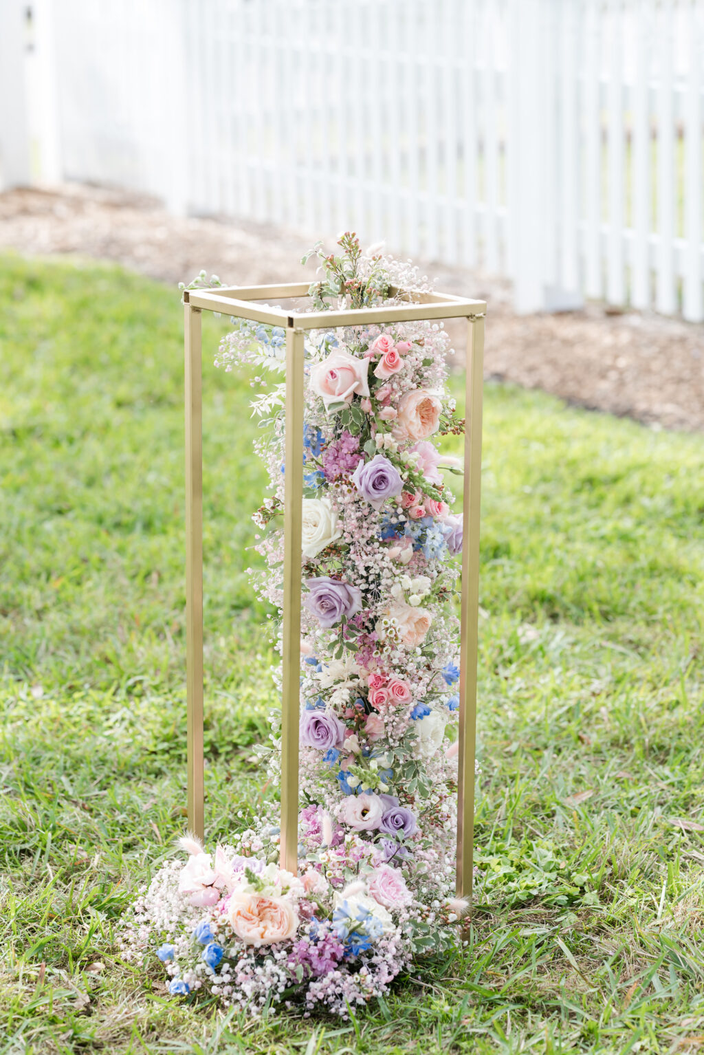 Whimsical Gold Flower Stand with Purple, Pink, and Blush Roses with Baby's Breath | Tampa Bay Florist Save The Date Florida