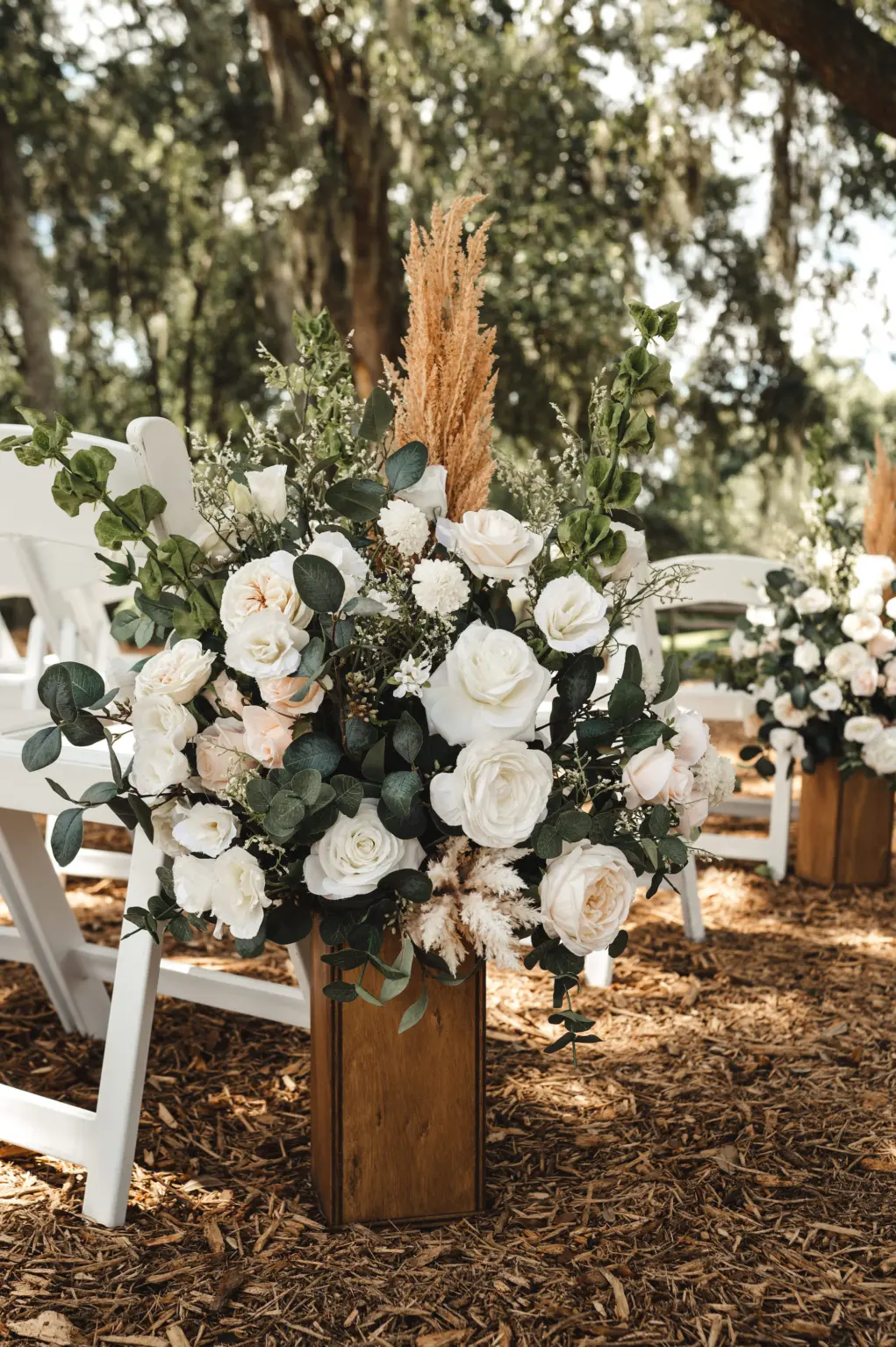 White and Blush Roses Ideas, Greenery and Wooden Flower Vase with Pampas Grass Flower Arrangements for Wedding Ceremony Aisle | Tampa Bay Florist Monarch Events and Design