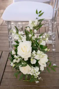 White Roses, Stock Flowers, and Greenery Wedding Ceremony Aisle Arrangement Decor Ideas