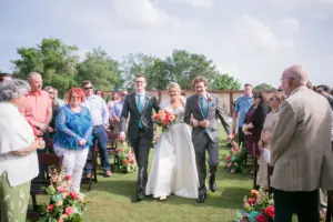 Bride Walk Down the Aisle with Sons in Outdoor Golf Course Wedding Ceremony Portrait