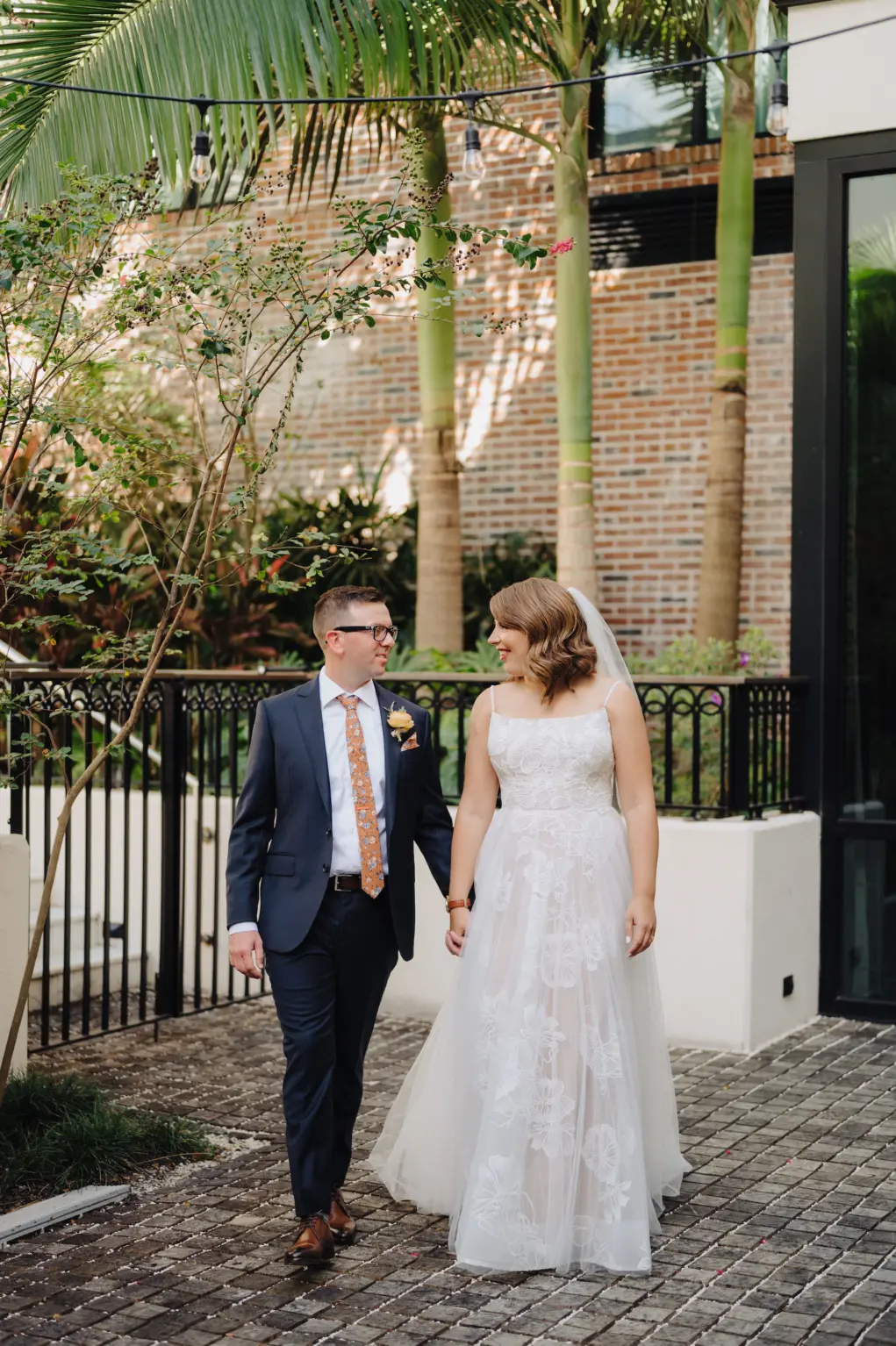 Bride and Groom First Look Courtyard Wedding Portrait | Lace Nude A-line Wedding Dress with Spaghetti Straps Ideas