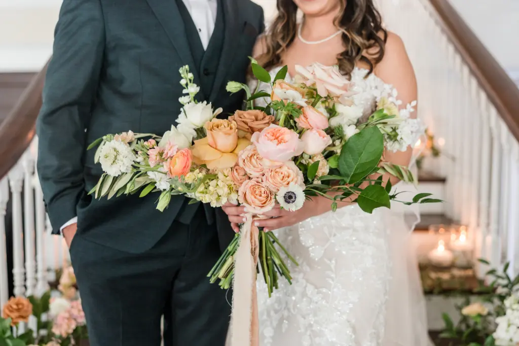 Peach, Orange, Blush, Cream Floral Wedding Bouquet with Greenery Details for a Romantic Spring Wedding Ideas