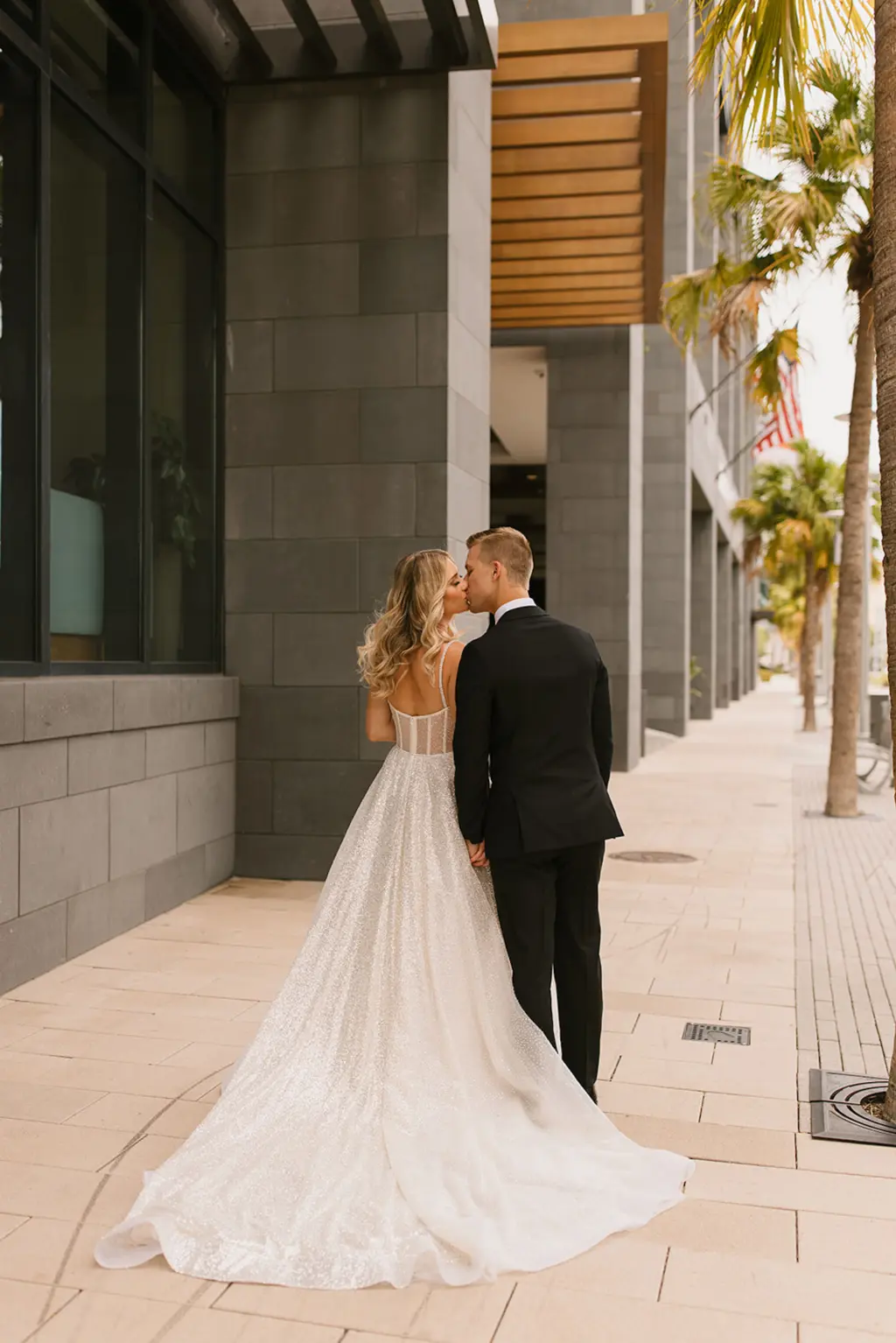 Bride and Groom First Look Wedding Portrait | Glitter Boned Corset Bodice A-Line Berta Wedding Dress Inspiration