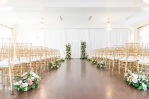 Indoor Romantic Wedding Ceremony with Gold Chairs, Greenery and Peach Floral Spring Ideas | South Tampa Venue The Orlo