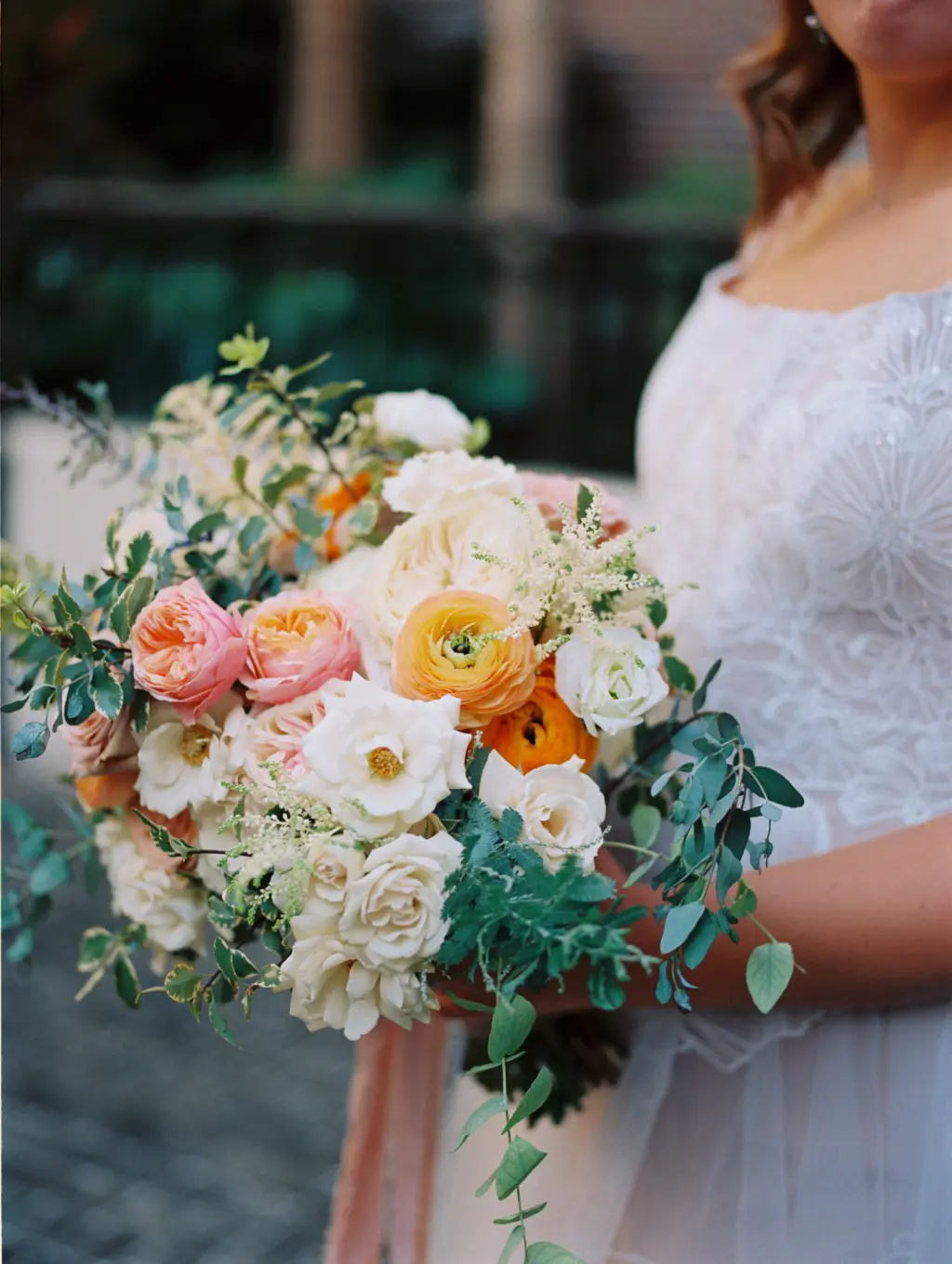 Spring Wedding Bouquet with Pink, Orange, and White Roses and Greenery Inspiration