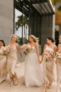 Bride with Bridal Party in Mismatched Champagne Satin Wedding Dresses | Bridal Hair and Makeup by Tampa Bay Femme Akoi Beauty Studio