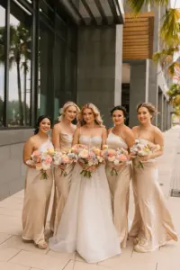 Bride with Bridal Party in Mismatched Champagne Satin Wedding Dresses | Bridal Hair and Makeup by Tampa Bay Femme Akoi Beauty Studio