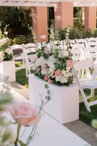 White Aisle Planter Boxes with White Hydrangeas, Stock Flowers, and Pink Roses Inspiration | St Pete Florist Bruce Wayne Florals
