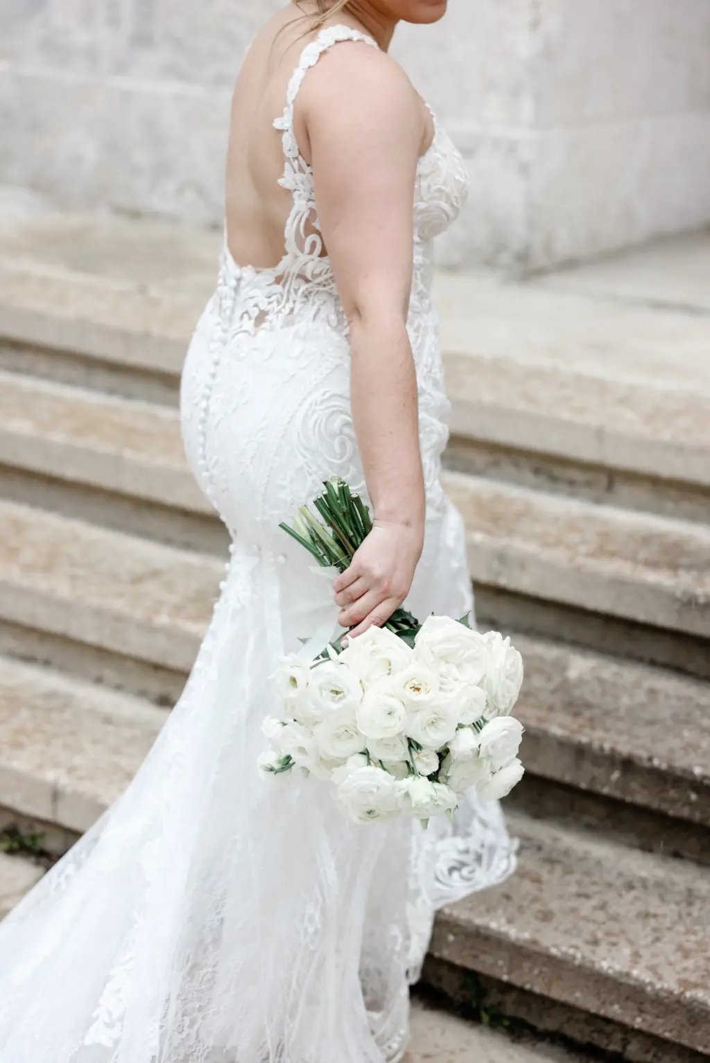 Bride Walking Up the Steps Wedding Portrait | White Garden Rose Bridal Bouquet | Clearwater Photographer Lifelong Photography