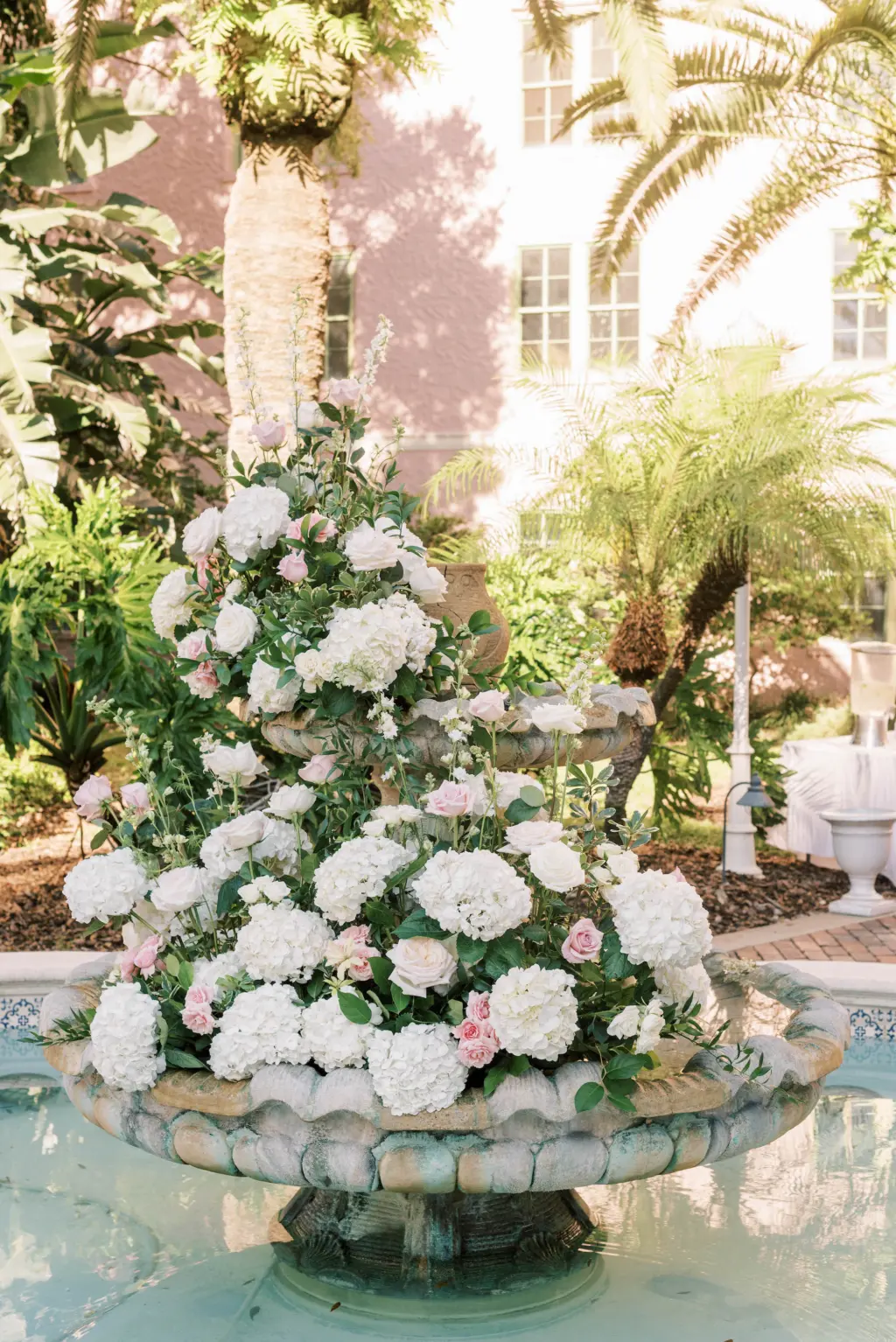 Fountain Flower Arrangement for Wedding Ceremony with White Hydrangeas, Pink Roses, and Greenery | St Pete Florist Bruce Wayne Florals