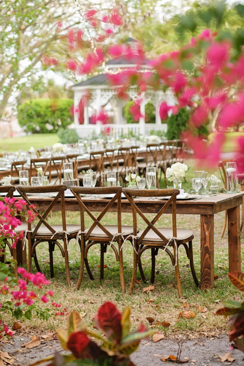 Outdoor Garden Inspired Wedding Reception | Feasting Tables with Wooden Crossback Chairs | Venue Davis Island Garden Club