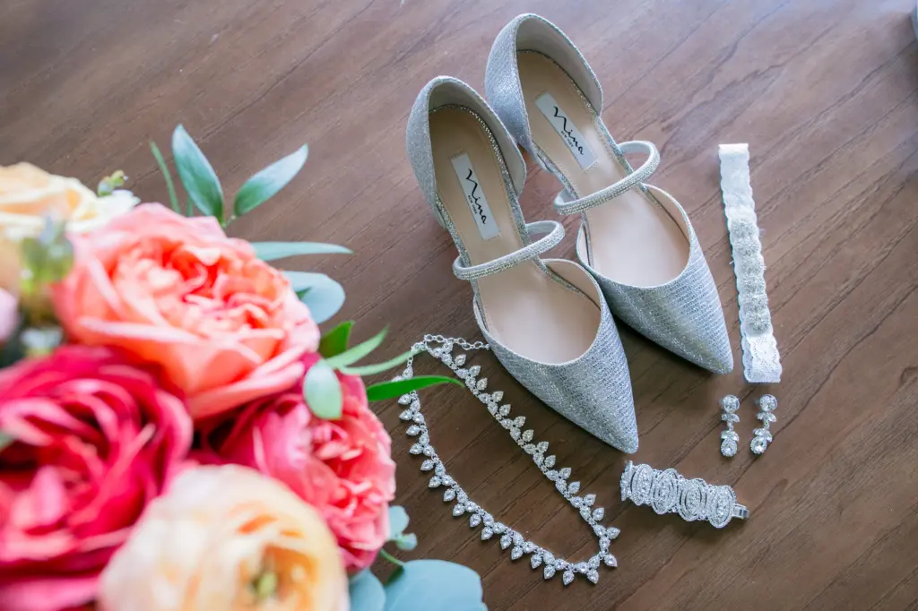 Coral and Turquoise Florals with Nina Pointed Closed Toe Silver Wedding Shoes and Silver Jewelry Inspiration