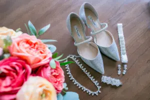Coral and Turquoise Florals with Nina Pointed Closed Toe Silver Wedding Shoes and Silver Jewelry Inspiration