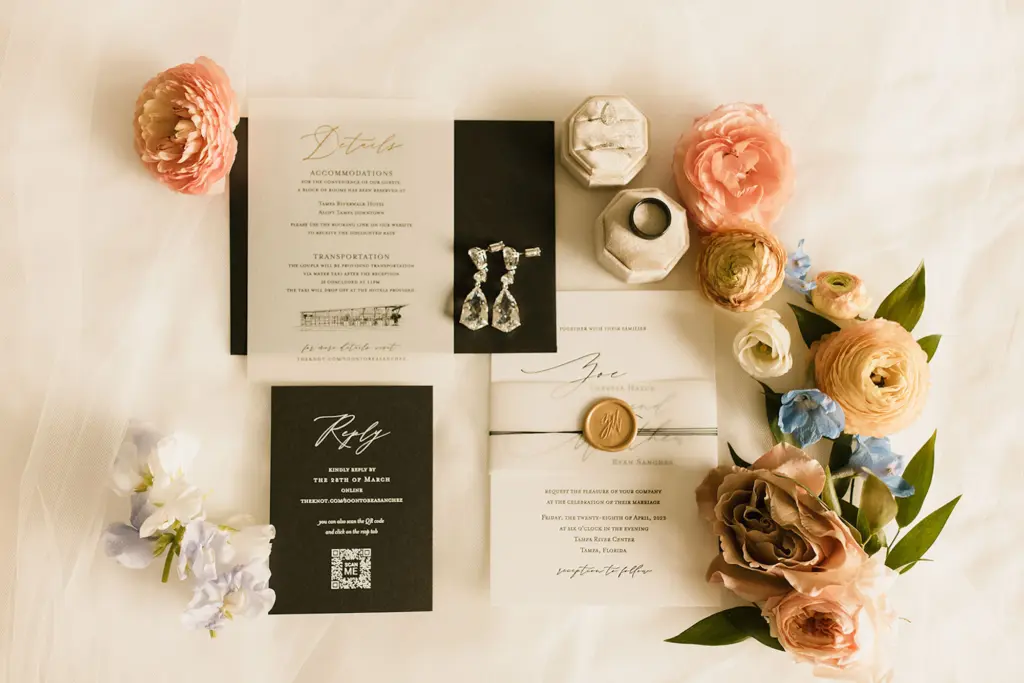 Classic Black and White Wedding Invitation Suite with Wax Seal Ideas | Hand Drawn Venue Illustration Tampa River Center | Response Card Alternative Online QR Code | Tampa Bay Stationery Shop A&P Designs