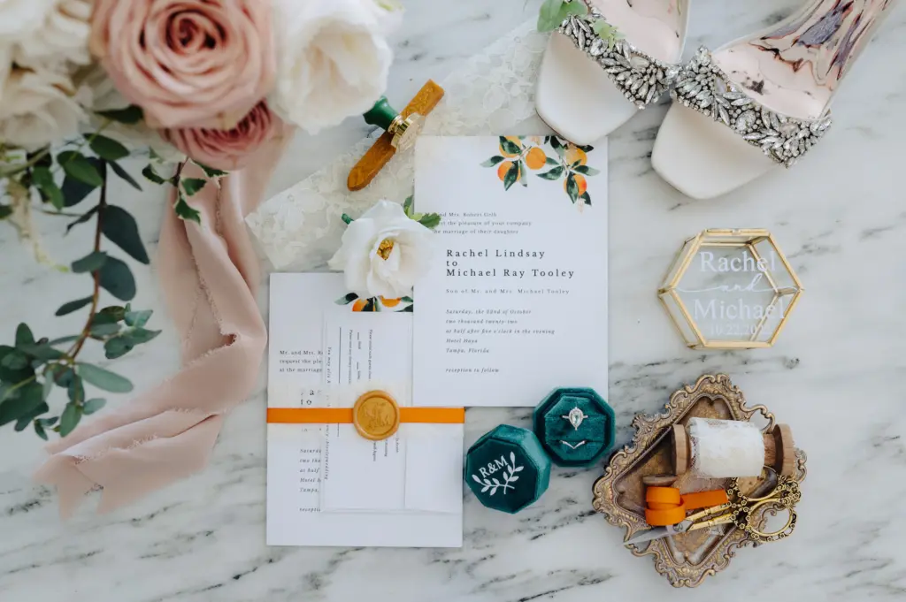 Florida-Inspired White Wedding Invitation Suite with Oranges | Pear Shaped Diamond Engagement Ring Ideas