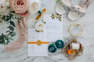 Florida-Inspired White Wedding Invitation Suite with Oranges | Pear Shaped Diamond Engagement Ring Ideas