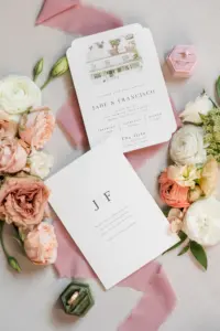Timeless Spring Wedding Invitation with Hand Painted Watercolor Venue | Peach and Blush Wedding Florals